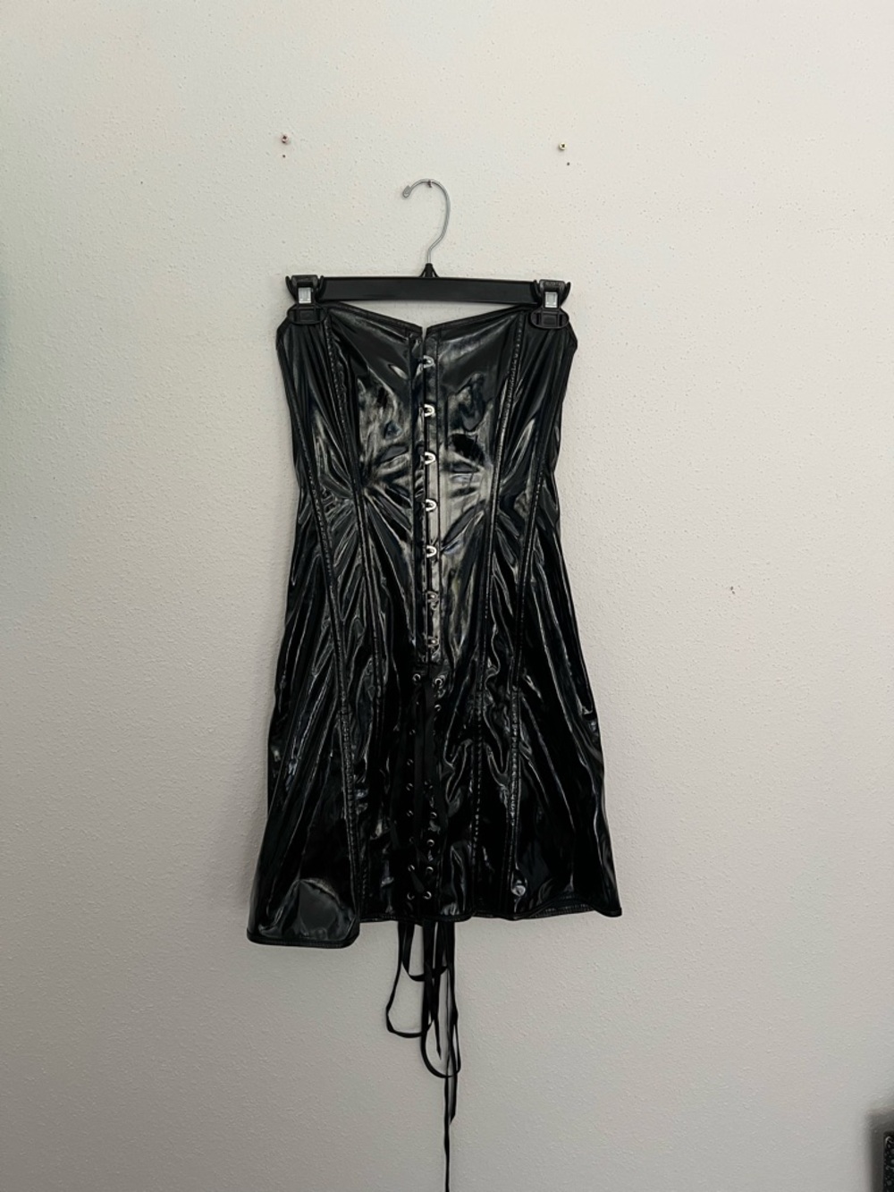Black Faux Leather Strapless Lace-Up Dress